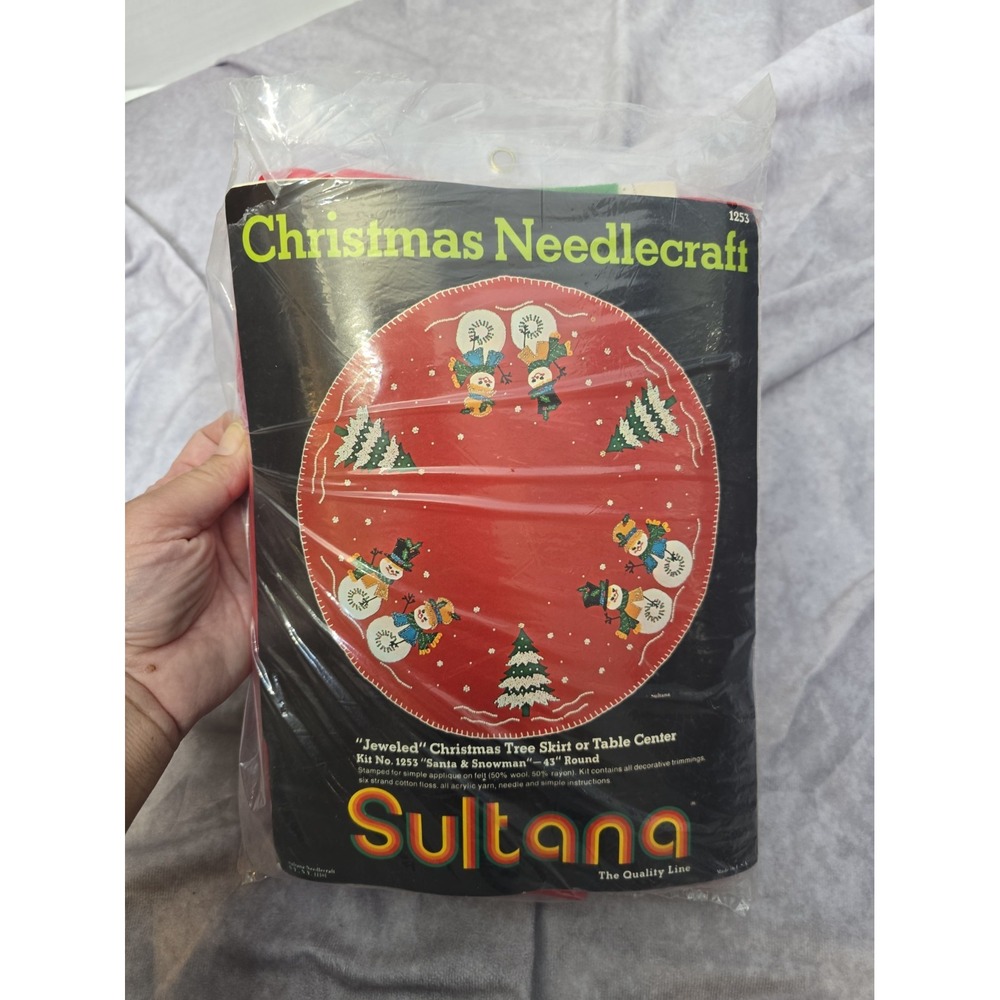 Vintage Sultana 1253 ~ Santa & Snowman Felt Tree Skirt Kit ~ 43" Round Opened